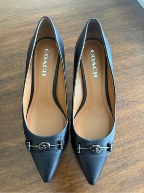 Coach Black Pointed Toe Leather Flats with Silver Turnlock